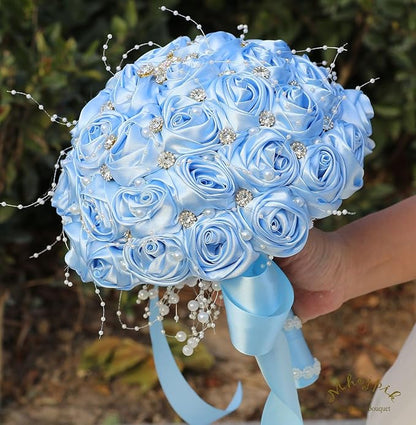 Bridal Wedding Bouquet Round Bling Brooch Bouquet Throw Toss Artificial Rose Flower Bunch for Bride Bridesmaid Wedding Quinceanera(Light Blue, 7.5")