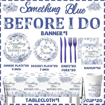 142PCS Something Blue Before I Do Bridal Shower Decorations Bridal Shower Party Favors for 20 Guests Blue Floral Plates and Napkins Tableware Set for Wedding Engagement