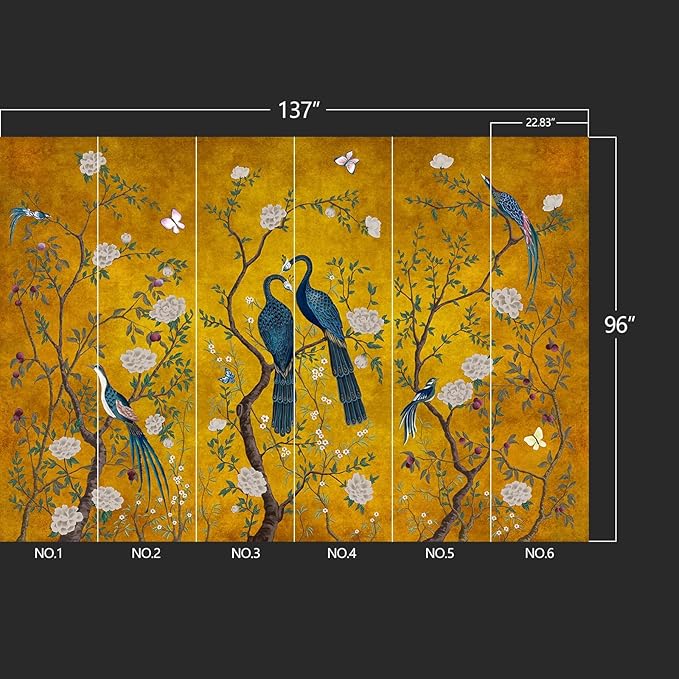 Golden Chinese Style Flowers Birds Large Wall murals Peel and Stick Wallpaper for Bedroom Living Room - 96"x137"