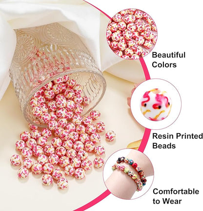 100 PCS 10mm Resin Beads Bulk for Bracelet Making Kit, Flamingo Printed Round Loose Beads for Jewelry Earring Necklace Rings Art Craft DIY Projects