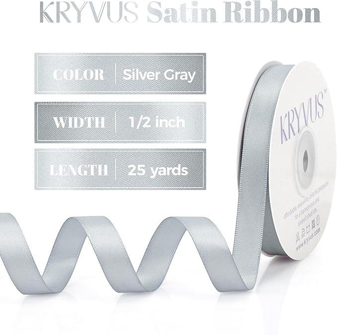 Silver Gray Satin Ribbon, 1/2 Inch X 25 Yards, Premium Satin Ribbon for Gift Wrapping, Crafts, Hair Bow Making, Sewing, Flower Bouquet, Wedding Party Decor