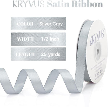 Silver Gray Satin Ribbon, 1/2 Inch X 25 Yards, Premium Satin Ribbon for Gift Wrapping, Crafts, Hair Bow Making, Sewing, Flower Bouquet, Wedding Party Decor