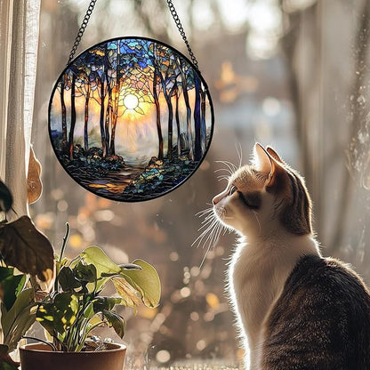 Stained Glass Window Hanging, Forest Sunrise Smoke Blue Brown Tree Suncatcher for Doors Window Home Landscape Sun Catchers Decor Mother's Day Birthday Gifts for Women, Men Mom 6.3 in