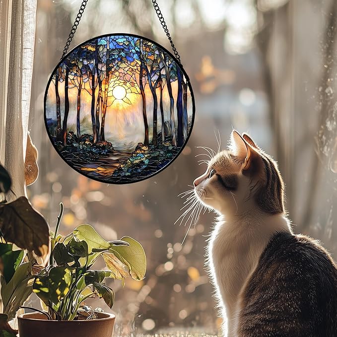DASTOLL Stained Glass Window Hanging, Forest Sunrise Smoke Blue Brown Tree Suncatcher for Doors Window Home Landscape Sun Catchers Decor Mother's Day Birthday Gifts for Women, Men Mom 11.8 in