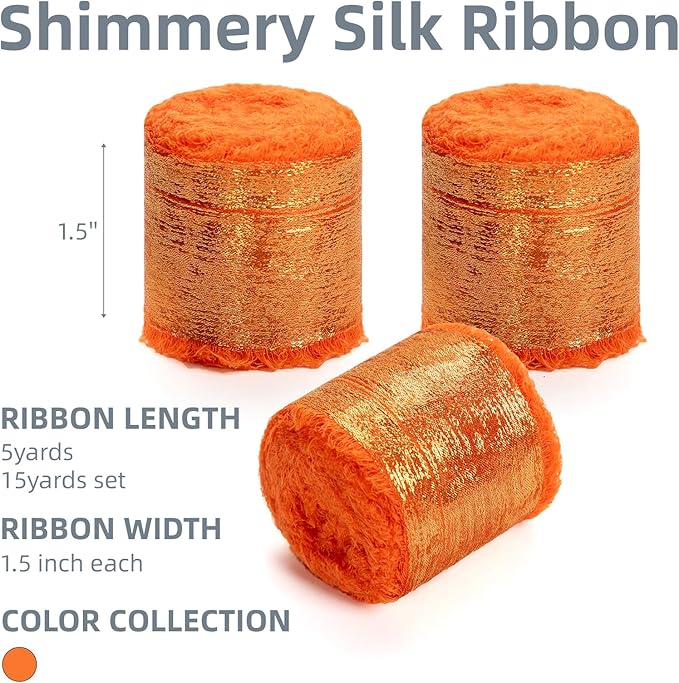 Orange Silk Chiffon Ribbon,Terracotta Frayed Shimmery Silk Ribbon for Bridal Flower Bouquet Christmas Gift Wrapping Wedding Decor Invitations Decorations 1.5" x 15 Yards (5Yards X 3 Rolls)