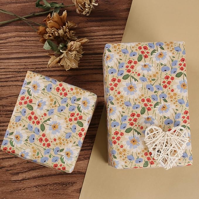 Aimyoo Watercolor Floral Kraft Wrapping Paper Roll, All Occasion Vintage Flower Gift Wrap for Wedding Birthday Bridal Shower, 17 inch x 60 ft