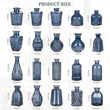 Glass Bud Vases Set of 20, Small Flower Vase in Bulk for Centerpieces, Mini Vintage Blue Vases for Rustic Wedding Vintage Home Table Decor