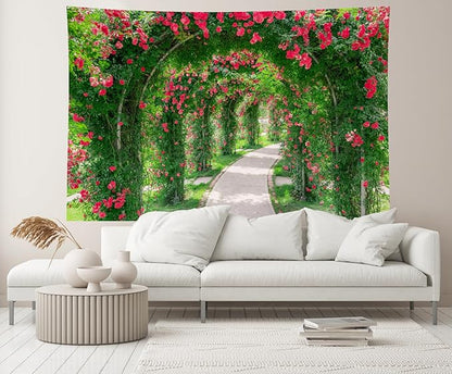 8ftx6ft Spring Flower Garden Backdrop Blossoms Flower Arch Garden Architecture Pillars Blooming Flowers Garden Pathway Photo Background Outdoor Wedding Portraits Photo Studio Props Wallpaper