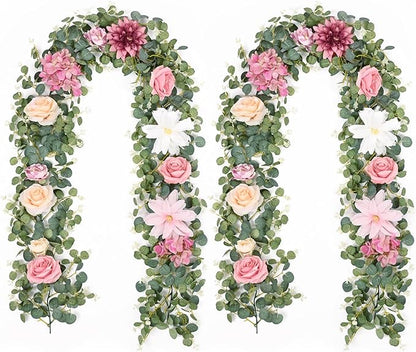 Waipfaru 2Pcs Artificial Flower Garland Decorations, 12.14Ft Eucalyptus Greenery Vines with Pink Roses for Wedding Table Runner Centerpieces Backdrop Room Decor (Pink)