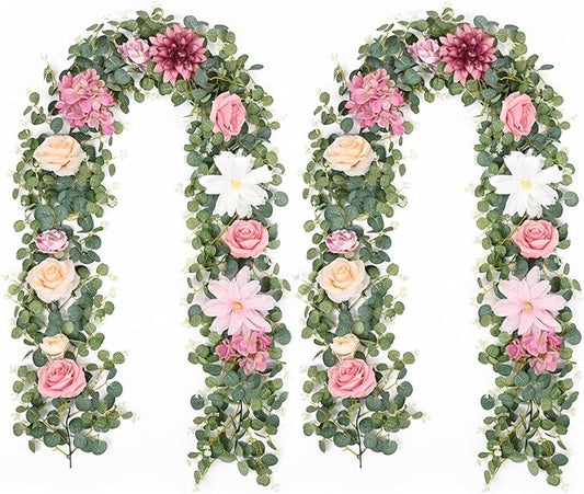 Waipfaru 2Pcs Artificial Flower Garland Decorations, 12.14Ft Eucalyptus Greenery Vines with Pink Roses for Wedding Table Runner Centerpieces Backdrop Room Decor (Pink)