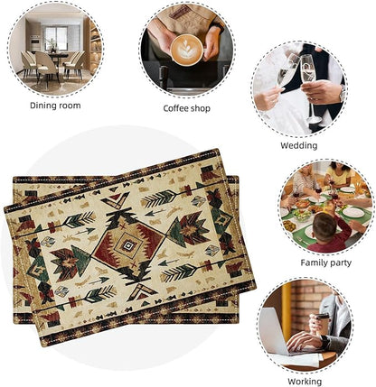 Southwestern Placemats Set of 6, Farmhouse Boho Ethnic Place Mats, Rustic Turkish Dining Table Mats, Washable Placemats for Kitchen Dining Room Home Decor 18L'' × 12W''