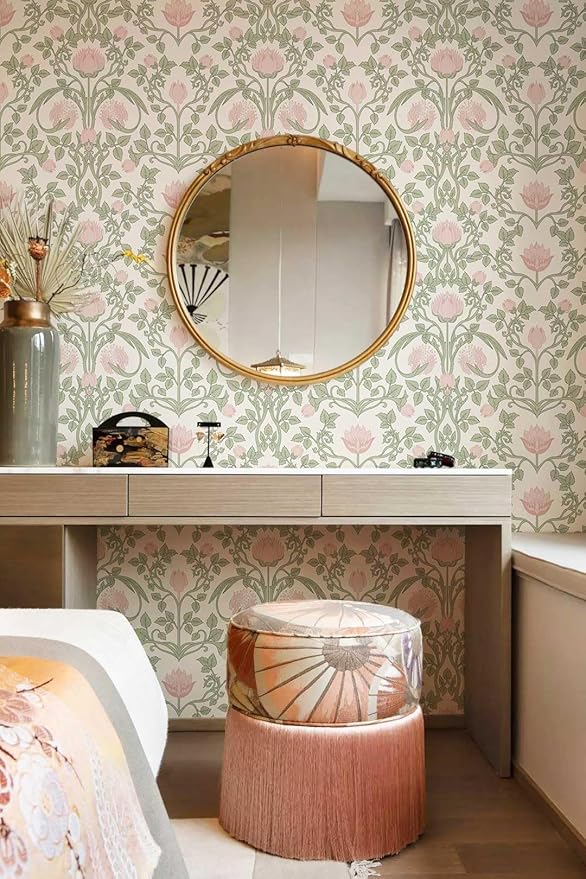 Floral Wallpaper Peel and Stick - 393.7" × 17.3" Pink and Green Wallpaper for Bedroom Decorative Self Adhesive Shelf Drawer Liner