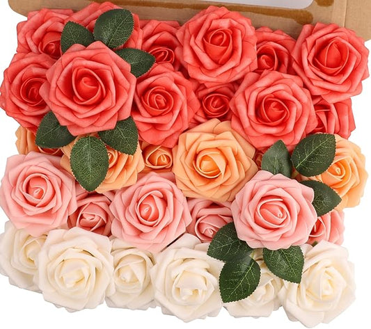 MACTING 30PCS Artificial Rose Flowers Real Touch Fake Flowers with Stem Foam Roses for DIY Wedding Bouquet Table Centerpieces Party Baby Shower Home Party Spring Valentines Day Decor(Mix Coral Series)