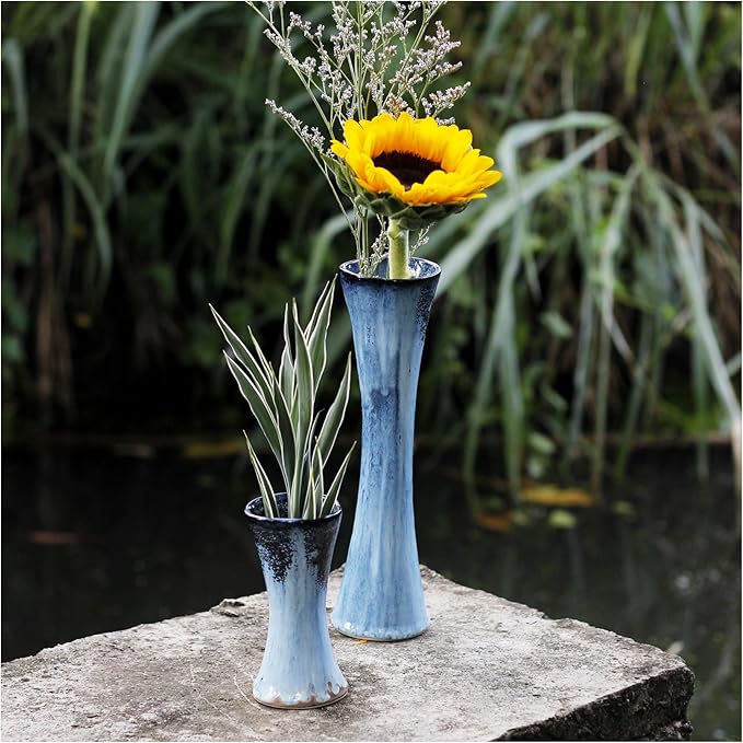 RoRo Handmade 10-Inch Reactive Blue Hourglass Ceramic Vase