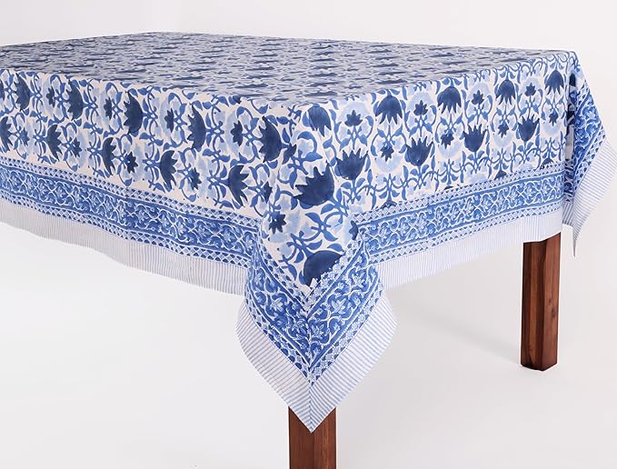 ATOSII Positano Blue 100% Cotton Rectangle Fall Tablecloth, Handblock Floral Linen Table Cloth for Dining Table I Parties Christmas Thanksgiving Grand Millennial Home Decor 72 X 120 Inches I 10 Seater