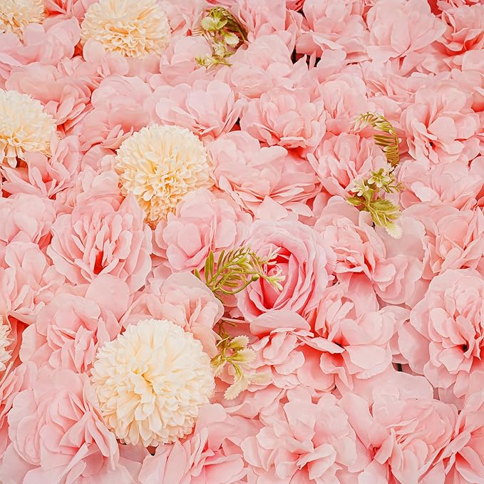 12Pcs Artificial Flower Wall Panel 3D Floral Backdrop Walls 15" X 15" Flower Wall Decor Flower Backdrop Faux Flowers Panel for Party Home Background Decor, Pink/Champagne