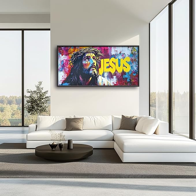Banksy Jesus Large Wall Art Graffiti Framed Wall Decor for Living Room Pop Street Pictures Oversized Canvas Print Painting Modern Extra Large Framed Artwork for Bedroom Office 60"x30"