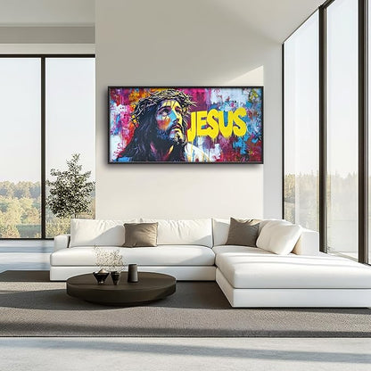 Banksy Jesus Large Wall Art Graffiti Framed Wall Decor for Living Room Pop Street Pictures Oversized Canvas Print Painting Modern Extra Large Framed Artwork for Bedroom Office 60"x30"