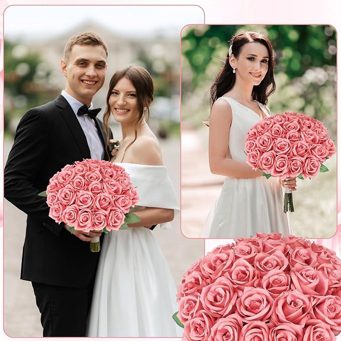 80 Pcs Roses Artificial Flowers, Silk Rose Red Artificial Flowers Petals Long Stem Roses for Wedding Bouquet Home Party Decor