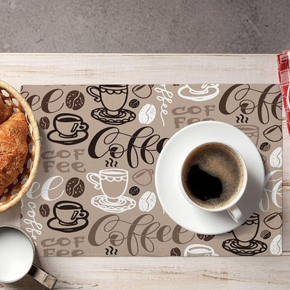 Coffee Theme Linen Placemats Set of 4 Vintage Brown Coffee Cup Table Mats Heat Resistant Place Mats for Home Party Kitchen Dining Decoration 12x18 Inch
