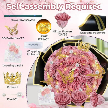 Gold Rose Glitter Roses Bouquet, 36 Pcs Shiny Glitter Flowers Bouquet, Everlasting DIY Artificial Roses Bouquet for Christmas, Birthday, Anniversary, Wedding, Engagement,Mothers Day,Gifts