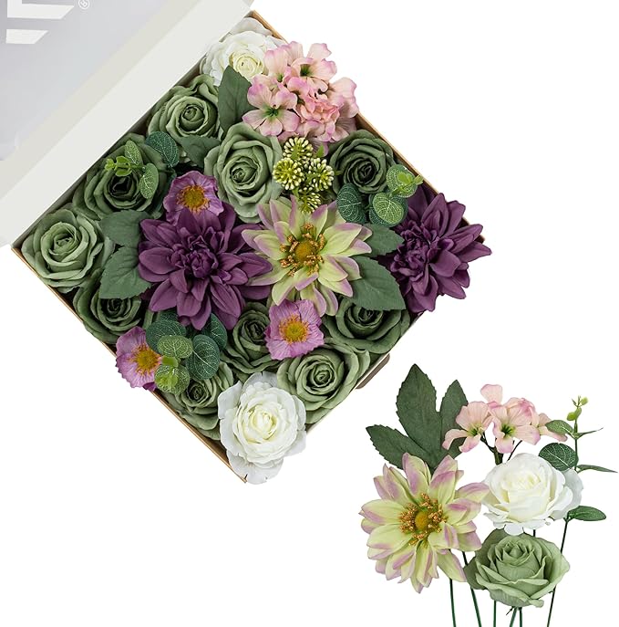 FANKO Artificial Flowers Green Rose, Mixed Combo Fake Silk Flowers White Rose Purple Dahlia Gradient Vintage Assorted Blooms for DIY Wedding Bridal Bouquets/Centerpieces/Home Decor