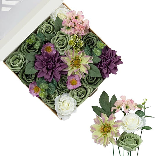 FANKO Artificial Flowers Green Rose, Mixed Combo Fake Silk Flowers White Rose Purple Dahlia Gradient Vintage Assorted Blooms for DIY Wedding Bridal Bouquets/Centerpieces/Home Decor