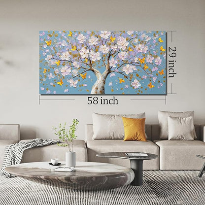 Purple Blossom Tree with Butterflies Canvas Wall Art with Gold Accents, Blue Background Abstract Picture for Living Room Bedroom Wall Decor Printed Painting Artwork Decoration Large Size 58x29 Inches