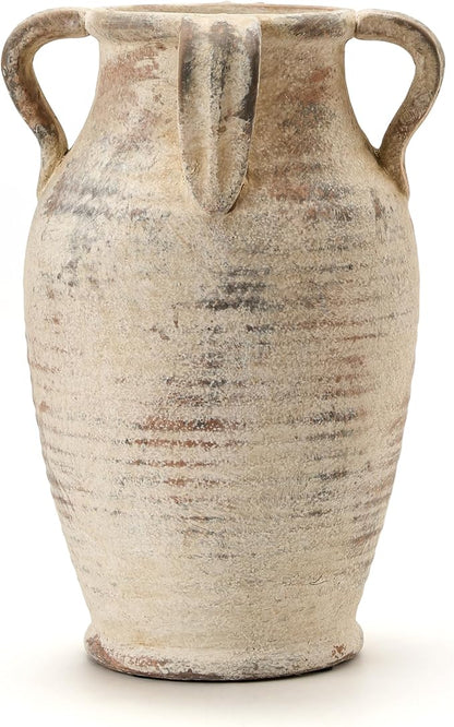 Handmade Ceramic Vase with 4 Handles, 10.83" Tall Farmhouse Rustic Terracotta Flower Vase, Vintage Vases for Home Decor, Wedding, Living Room, Table, Shelf Decor, Neutral