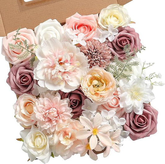 Artificial Flowers Combo Pink Mauve Fake Roses Silk Flowers with Stems for DIY Wedding Bridal Bouquets Floral Arrangement Table Centerpieces Cake Birthday Baby Shower Anniversary Home Decor