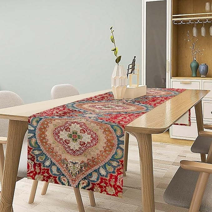 Vintage Persian Table Runner, Boho Traditional Red Ornate Floral Print Table Runner for Kitchen Dining Festive Holiday Party Decor, 13x108 Inch
