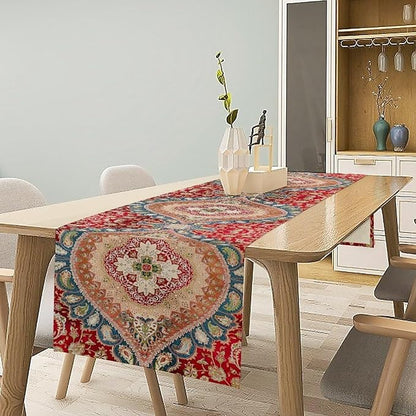Vintage Persian Table Runner, Boho Traditional Red Ornate Floral Print Table Runner for Kitchen Dining Festive Holiday Party Decor, 13x120 Inch