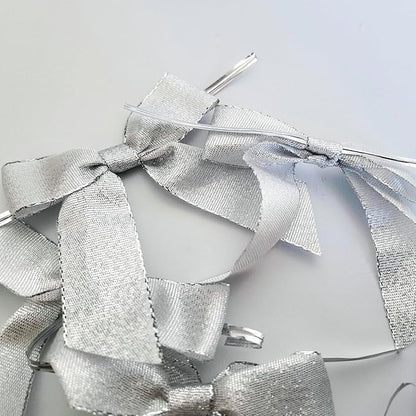 50pcs 3-1/2" Metallic Silver Glitter Ribbon Bows with Twist Ties for Gift Wrapping Packing Christmas Big Bows for Holiday Decoration (Silver)