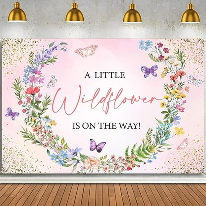 Pink Floral Wildflower Baby in Bloom Baby Shower Backdrop Decorations A Little Wildflower is On The Way Backdrops Banner Background for Girl Wild Flower Theme Baby Shower Party Decor Photo Props 7x5ft
