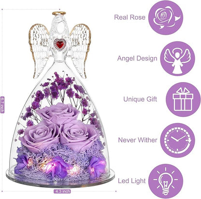 Mothers Day Rose Gifts for Women, Large Angel Figurines with Real Roses, Preserved Real Flower Rose for Her, Light Purple