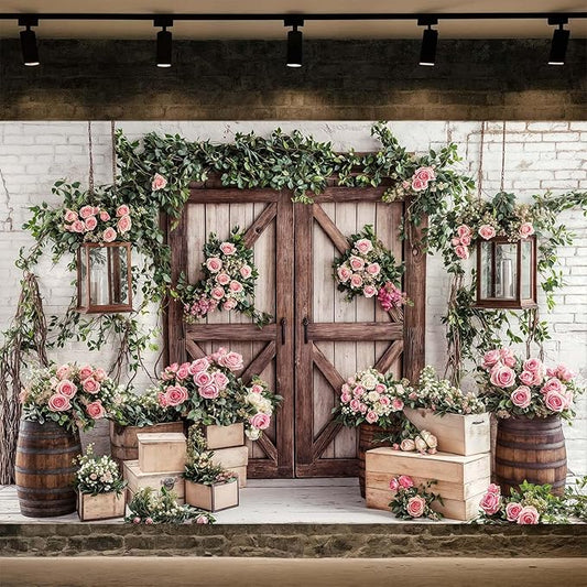 15x10ft Country Wedding Photography Backdrop Floral Rustic Roses Farmhouse Wooden Door Backdrop Pink Flower Birthday Baby Shower Wedding Bridal Party Banner Photo Booth Props Anniversary Background