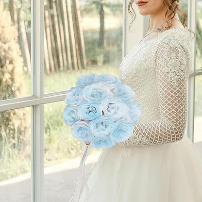 30PCS Light Blue Artificial Roses Fake Glitter Flowers Silk Roses with Stems for Wedding Bouquet Party Christmas Home Decor(Gradient Sky Blue)