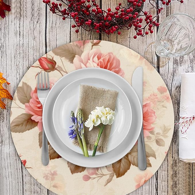 Flower Round Placemat Set of 4 Elegant Linen Table Mats for Dining, Heat Resistant, Stain Resistant Perfect for Dinner Parties, Restaurants, and Everyday Use