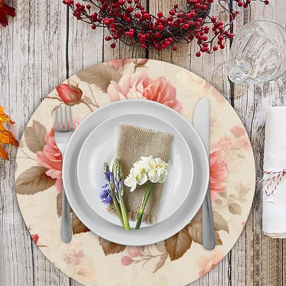 Flower Round Placemat Set of 4 Elegant Linen Table Mats for Dining, Heat Resistant, Stain Resistant Perfect for Dinner Parties, Restaurants, and Everyday Use