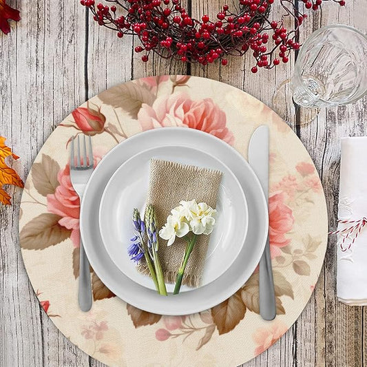 Flower Round Placemat Set of 4 Elegant Linen Table Mats for Dining, Heat Resistant, Stain Resistant Perfect for Dinner Parties, Restaurants, and Everyday Use