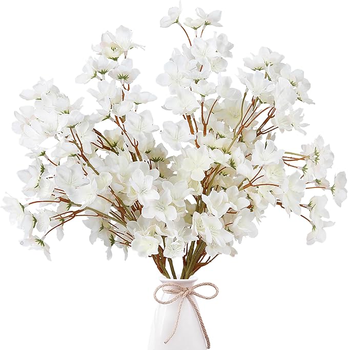 Sggvecsy Artificial Cherry Blossom Flowers 4 Pcs Faux Cherry Blossom Stems Faux Silk Cherry Blossom Branches 15.7’’ Fake Peach Flowers for Vase Arrangements Home Wedding Table Decor (White)
