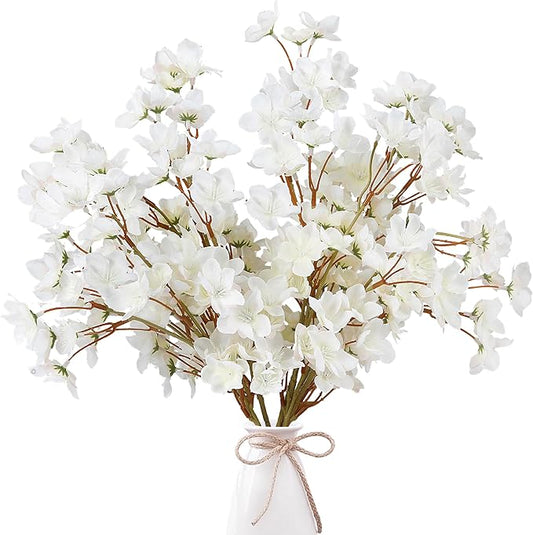 Sggvecsy Artificial Cherry Blossom Flowers 4 Pcs Faux Cherry Blossom Stems Faux Silk Cherry Blossom Branches 15.7’’ Fake Peach Flowers for Vase Arrangements Home Wedding Table Decor (White)