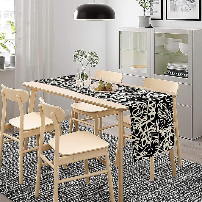 Graffiti Table Runner,Black White Abstract Messy Art Theme Pattern Print Tablecloth Burlap for Hotel Indoors Outdoor Dining Room Kitchen Home Decor,W13X L60 in