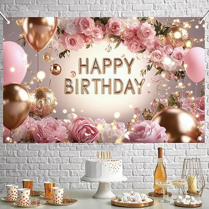 Pink Rose Happy Birthday Backdrop Banner Gold Glitter Crown Photography Background Women Girls Birthday Party Decoration Balloon Gift Floral Banner Photo Booth Props 71x43 Inch