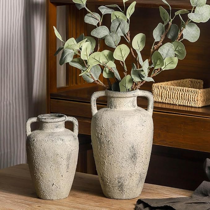 Rustic Vase for Flowers, Ceramic Vase with Handles, 8.85 inch Tall Vintage Farmhouse Christmas Terracotta Flower Vase for Home Decor, Wide Mouth, Living Room Shelf Decor, Enterway, Table