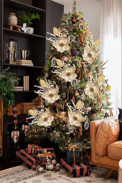 Briful 2PCS Christmas Glitter Magnolia Flowers Picks and Spray with Christmas Balls Ornament Berries Gold Leaves Branches for Xmas Tree Wreath Vase Centerpiece Floral Arrangement (White Gold)