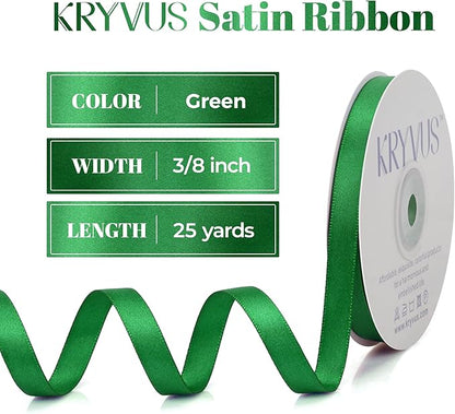 Green Satin Ribbon, Double Faced 3/8 Inch X 25 Yards Green Ribbon, Premium Satin Ribbon for Gift Wrapping, Crafts, Hair Bow Making, Sewing, Flower Bouquet, Wedding Party Decor