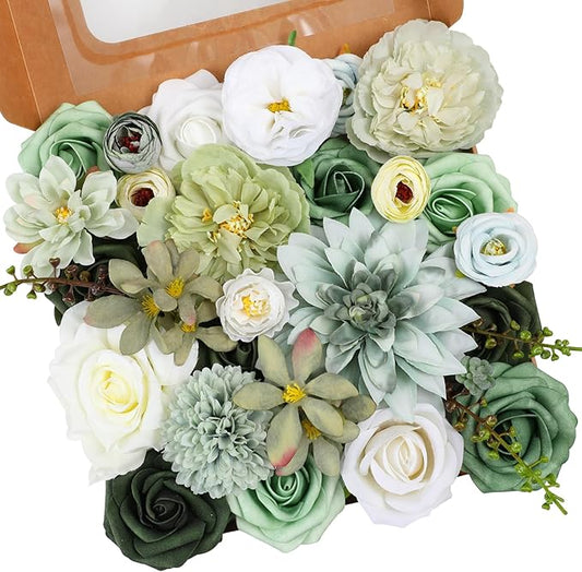 Artificial Flowers Combo, Mix Silk Flowers Roses, Peonies, Dahlias with Stems for DIY Wedding Bridal Bouquet, Baby Shower, Table Centerpieces, Home Decor, Fake Floral Arrangements-Forest Green
