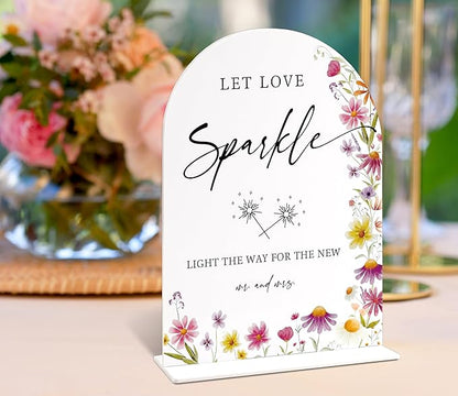 Wedding Sparklers Send Off Sign 6x8 Inch, Wild Flower Arch Acrylic Wedding Signs for Reception, Love Is In Bloom Bridal Shower Floral Engagement Party Decorations