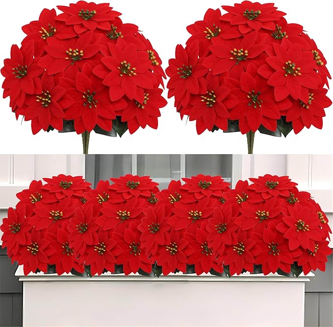 7 PCS Red Silk Poinsettia Flowers with 7 Heads - Artificial Christmas Floral Bouquet for Xmas Party, Winter Holiday Decor, Table Arrangements, Home & Seasonal Displays